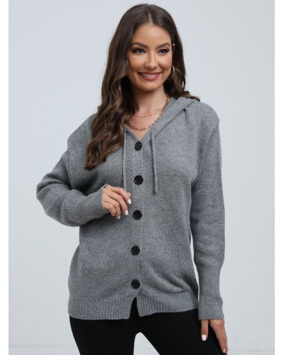 Women Sweaters Cardigans Gray Acrylic Buttons Long Sleeves Hooded Casual Street Wear Daily Casual