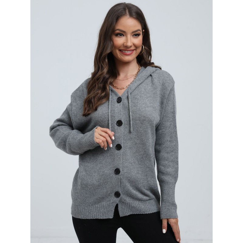 Women Sweaters Cardigans Gray Acrylic Buttons Long Sleeves Hooded Casual Street Wear Daily Casual