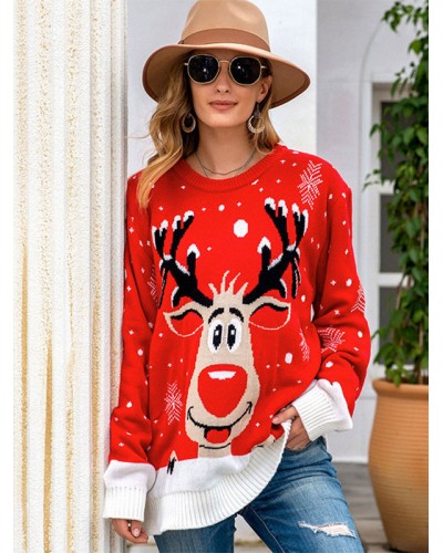 Women Pullover Sweater Red 2023 Christmas Knit Elk Tops Classic  Traditional Casual Spring Fall Winter