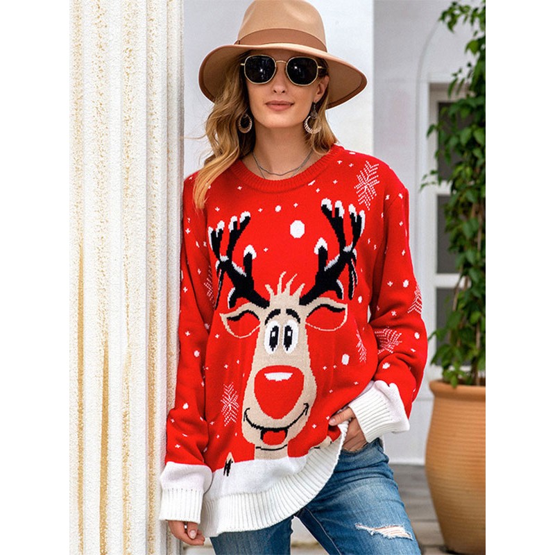 Women Pullover Sweater Red 2023 Christmas Knit Elk Tops Classic  Traditional Casual Spring Fall Winter