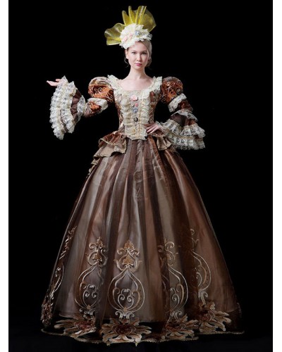 18th Century Costumes Coffee Brown Polyester Embroidered Marie Antoinette Costume Set With Headwear Retro Euro-Style Holiday Ball