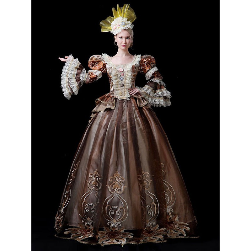 18th Century Costumes Coffee Brown Polyester Embroidered Marie Antoinette Costume Set With Headwear Retro Euro-Style Holiday Ball