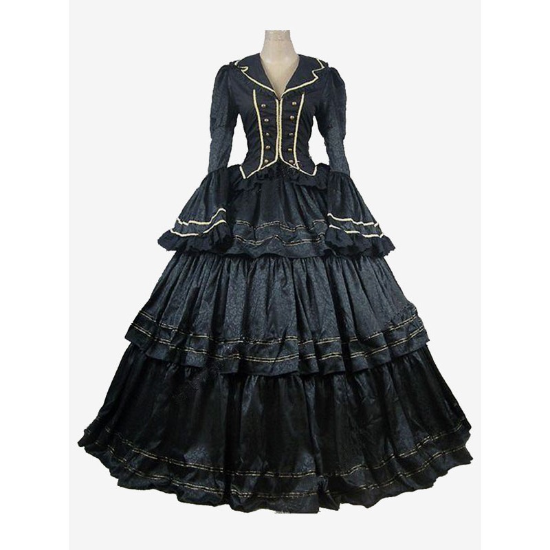 Women Black Costumes Ruffles Polyester Top 's Set Marie Antoinette Costume Masquerade Ball Gown Sets Royal Retro