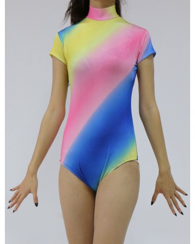 Women Multi Color Short Sleeve Lycra Spandex Bodysuit For Leotard