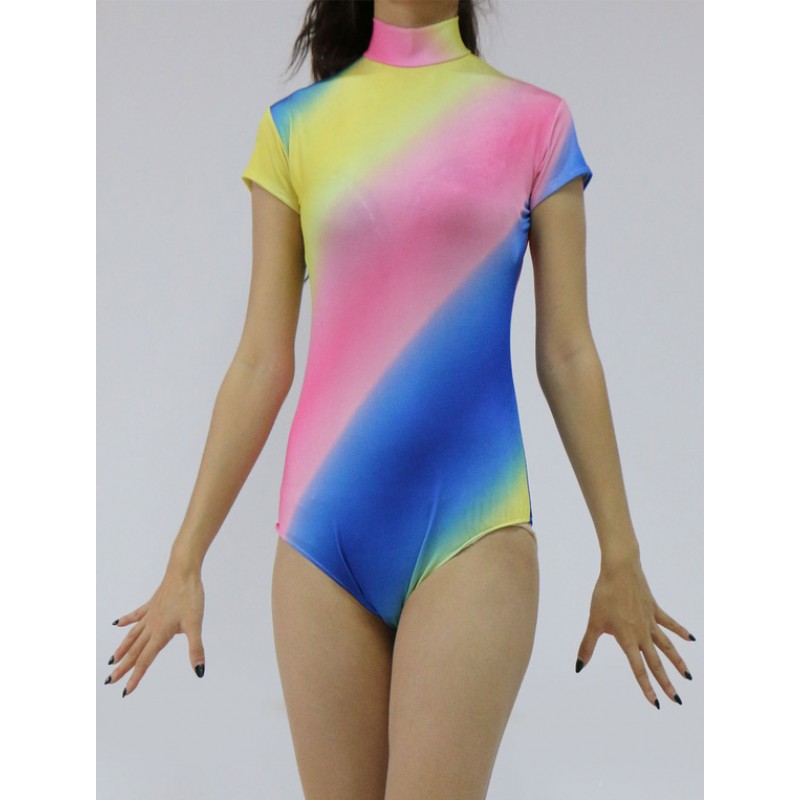 Women Multi Color Short Sleeve Lycra Spandex Bodysuit For Leotard