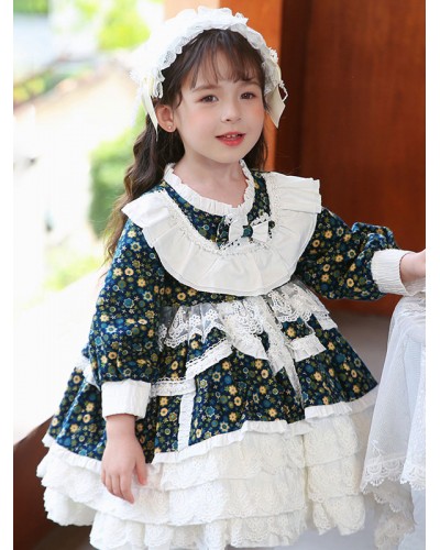 Polyester Daily Casual Ruffles Long Sleeves Cotton Fall Dress Floral Print Blue Kids' Lolita Dresses Sweet ROCOCO