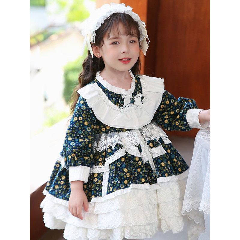 Polyester Daily Casual Ruffles Long Sleeves Cotton Fall Dress Floral Print Blue Kids' Lolita Dresses Sweet ROCOCO