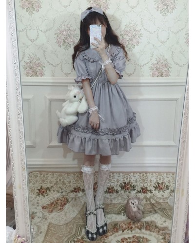 Lolita OP Dress Chiffon Ruffle Pleated Grey Lolita One Piece Dress Sweet Summer Daily Casual Tea Party