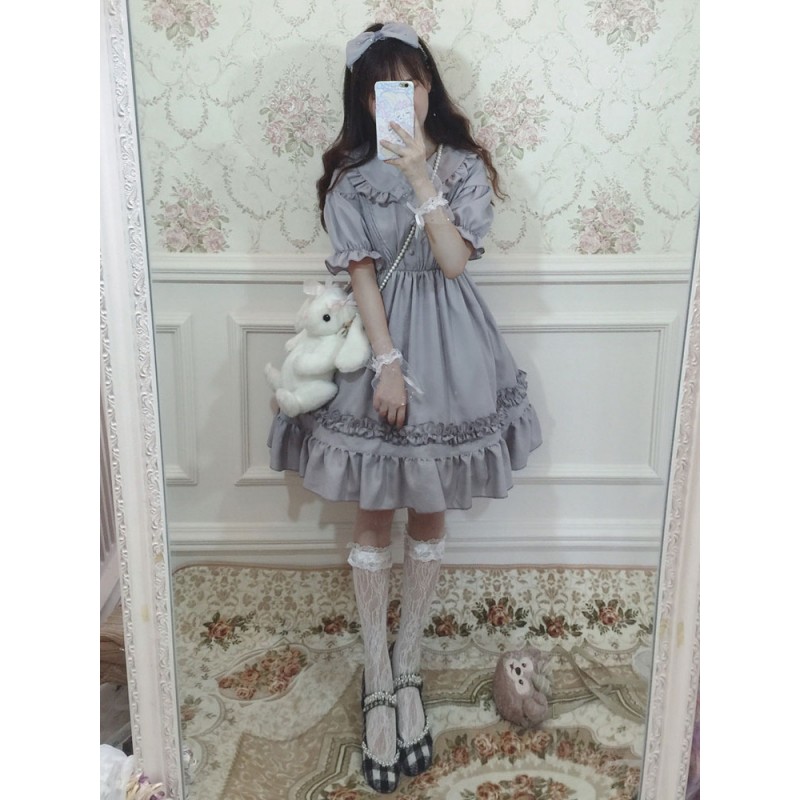 Lolita OP Dress Chiffon Ruffle Pleated Grey Lolita One Piece Dress Sweet Summer Daily Casual Tea Party