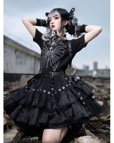 Lolita Butterfly Skirt Rivets Polyester Black Short Skirt Steampunk Gothic Spring Summer