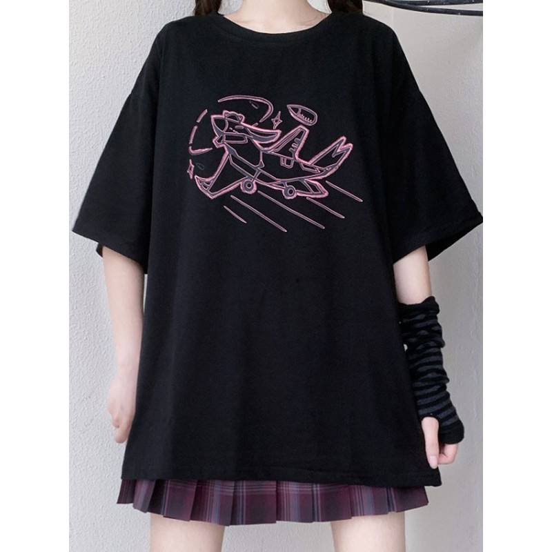 Lolita Blouse For Women Black Polyester Jewel Short Sleeves Black Lolita T-SHirt