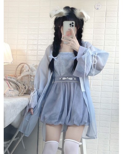 Chinese Style Lolita Outfits Baby Blue Beaded Lace Up Floral Print Long Sleeves Pants Blouse Top Chinese Style