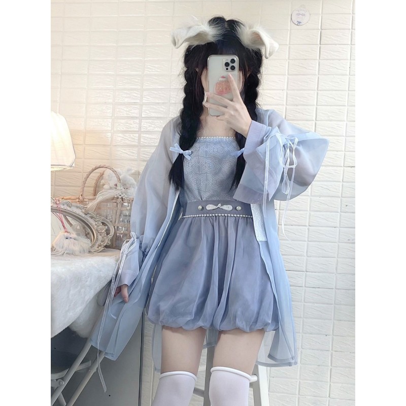 Chinese Style Lolita Outfits Baby Blue Beaded Lace Up Floral Print Long Sleeves Pants Blouse Top Chinese Style