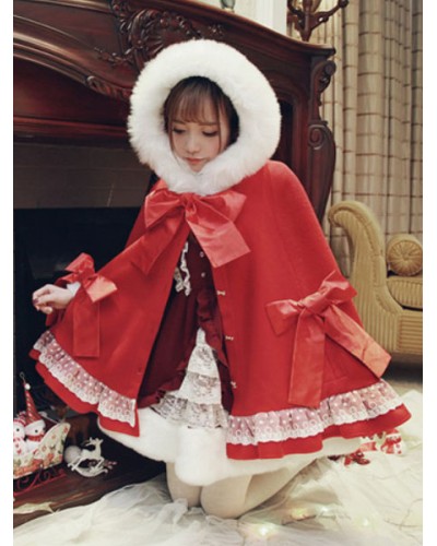 Sweet Lolita Poncho Lace Bow Ruffle Furry Hood Cashmere Lolita Cape Tops Daily Casual