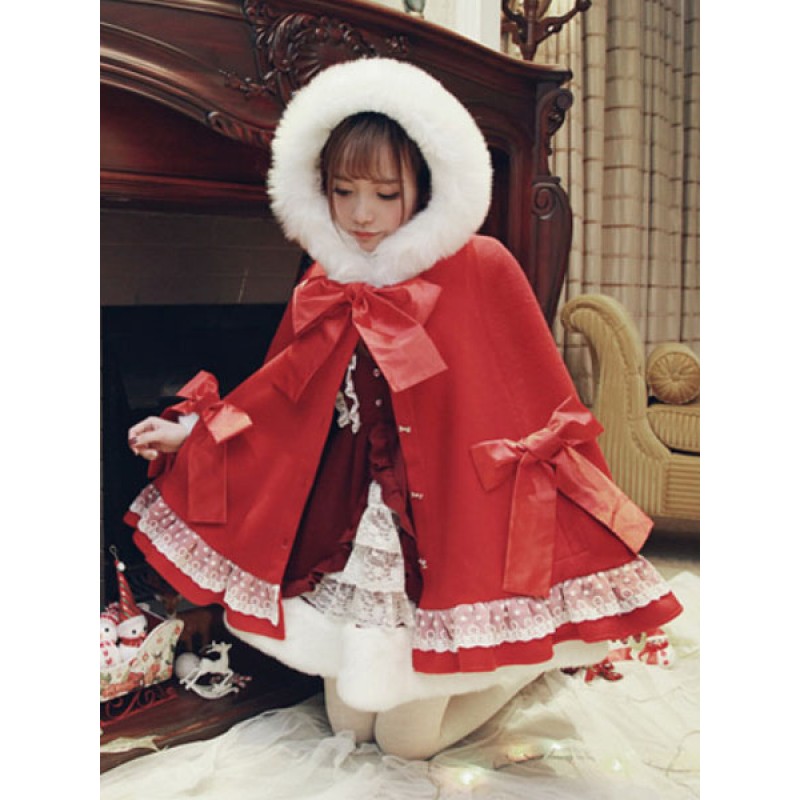 Sweet Lolita Poncho Lace Bow Ruffle Furry Hood Cashmere Lolita Cape Tops Daily Casual