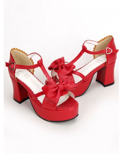 Red Lolita Chunky Pony Heels Shoes Platform Ankle Strap Bow Lovely Halloween