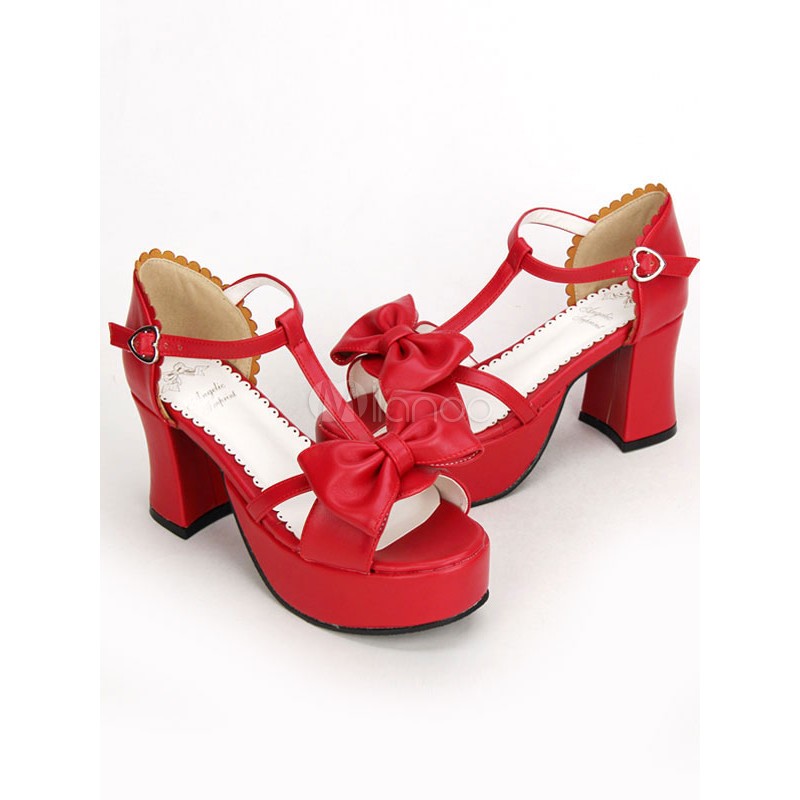 Red Lolita Chunky Pony Heels Shoes Platform Ankle Strap Bow Lovely Halloween