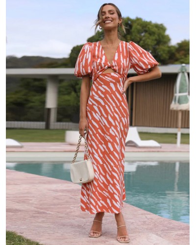 Women Print Midi Dress Printed Short Sleeves V-Neck Casual Cut Out Medium Dresses Bodycon Summer