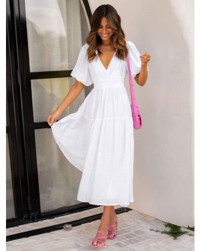 Women Dress V-Neck Pleated Rose Long Beach Dress Maxi Summer