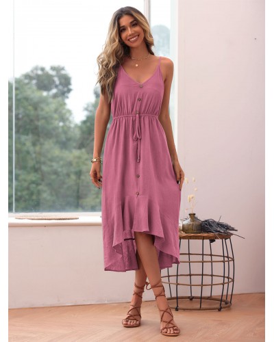 Women Dress V-Neck Buttons High Low Design Rose Medium Beach Dress Casual Summer