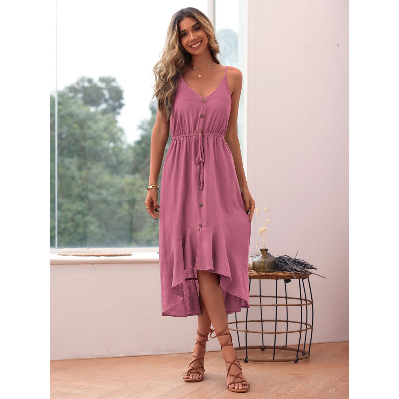 Women Dress V-Neck Buttons High Low Design Rose Medium Beach Dress Casual Summer