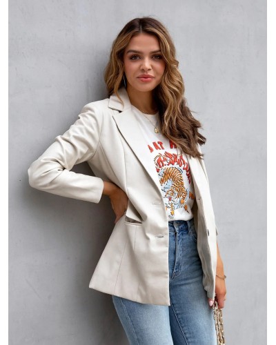 Women Faux Leather Blazer Jacket White PU Solid Color Casual Outerwear Outerwear Leather Jacket Spring Fall Winter Street Wear Office  Career