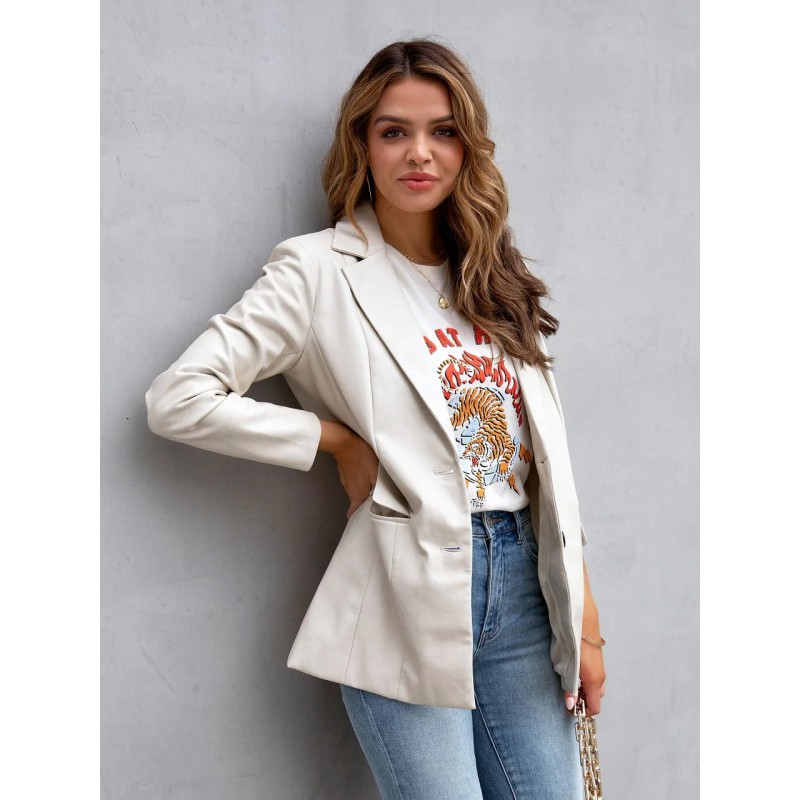 Women Faux Leather Blazer Jacket White PU Solid Color Casual Outerwear Outerwear Leather Jacket Spring Fall Winter Street Wear Office  Career