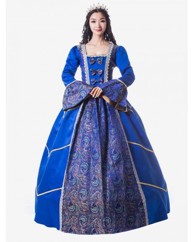 Women Victorian Dress Costume 's Royal Blue Trumpet Long Sleeves Square Neckline Matte Satin Dress Style Vintage Clothing Halloween Sets Victorian Era