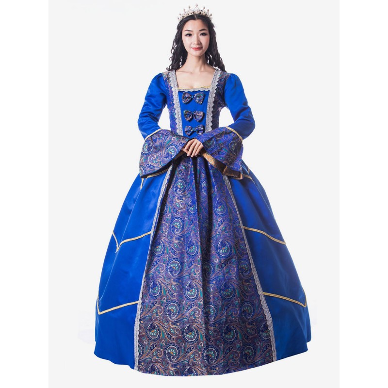 Women Victorian Dress Costume 's Royal Blue Trumpet Long Sleeves Square Neckline Matte Satin Dress Style Vintage Clothing Halloween Sets Victorian Era