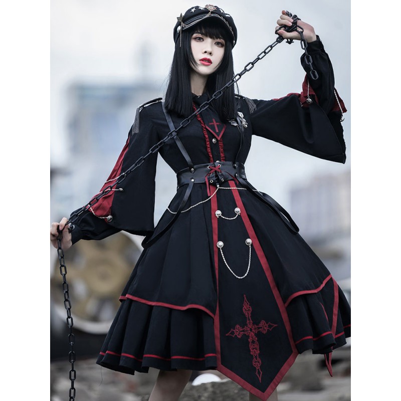 Military Style Lolita OP Dress 3 Pieces Set Black Long Sleeves Polyester Lolita Dress Outfit Gothic Fall Winter Daily Casual Tea Party