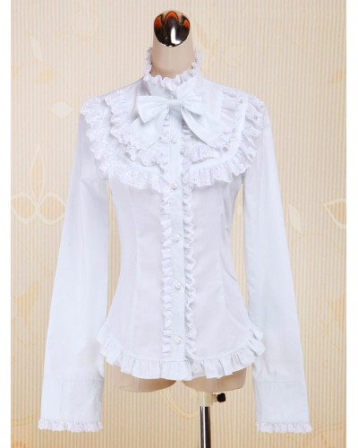 White Cotton Lolita Blouse Long Sleeves Stand Collar Lace Trim Ruffles Bow