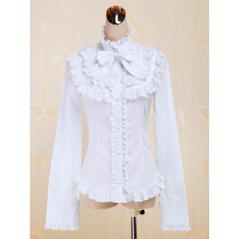 White Cotton Lolita Blouse Long Sleeves Stand Collar Lace Trim Ruffles Bow