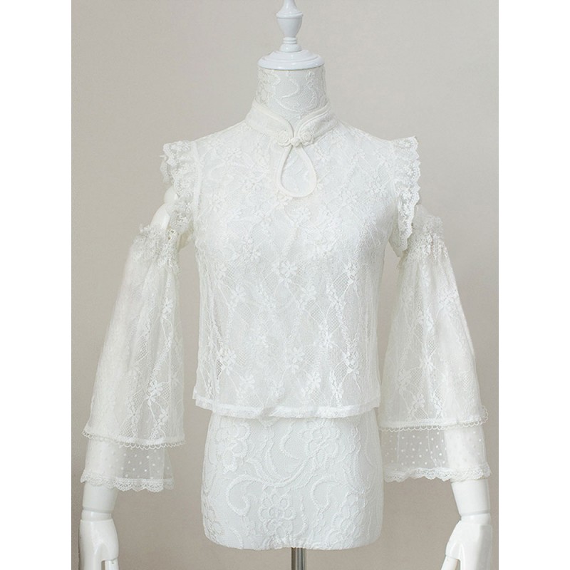 Sweet Lolita Blouses White Sleeveless Lolita Top Lace Bows Lolita Shirt Spring Fall