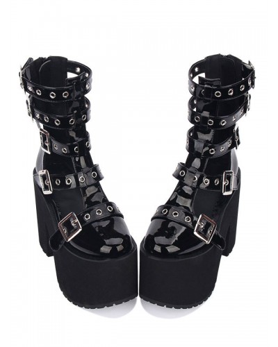 Gothic Lolita Sandal Grommet Buckle Platform Glazed Black Lolita Shoes Daily Casual Tea Party