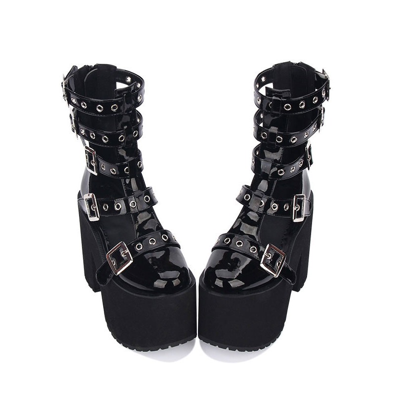 Gothic Lolita Sandal Grommet Buckle Platform Glazed Black Lolita Shoes Daily Casual Tea Party