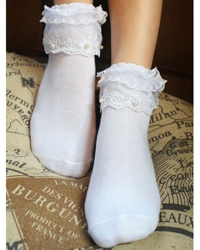 Classic Lolita Socks Lace Pearls Layered Ruffles White Lolita Socks