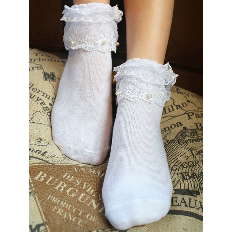 Classic Lolita Socks Lace Pearls Layered Ruffles White Lolita Socks