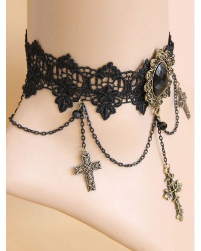 Gothic Lolita Choker Cross Chain Lace Black Lolita Necklace