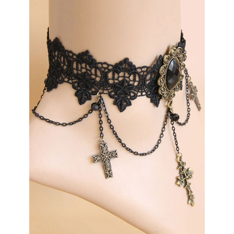 Gothic Lolita Choker Cross Chain Lace Black Lolita Necklace