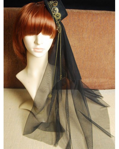 Lolita Veil Tulle Hat Metal Detail Chain Black Lolita Headdress Steampunk