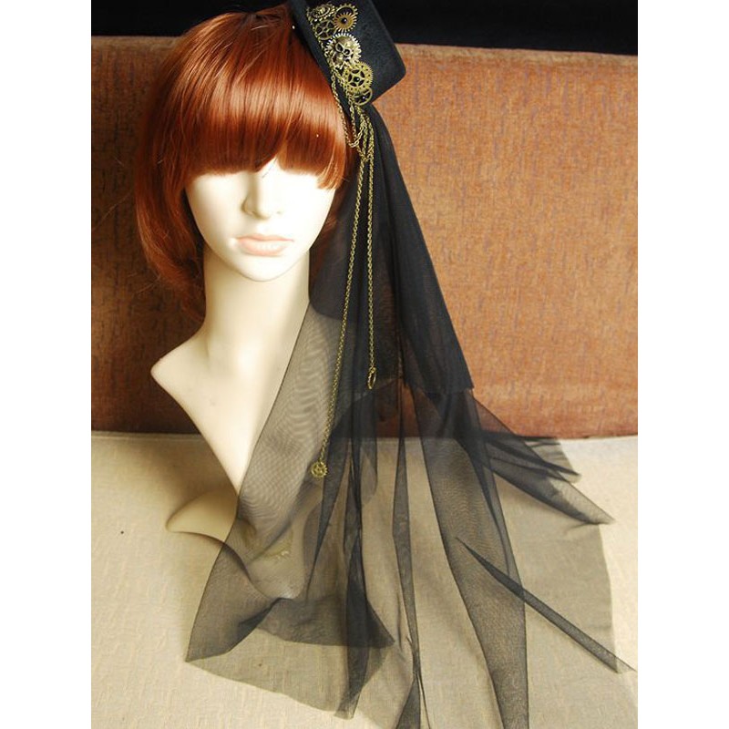 Lolita Veil Tulle Hat Metal Detail Chain Black Lolita Headdress Steampunk