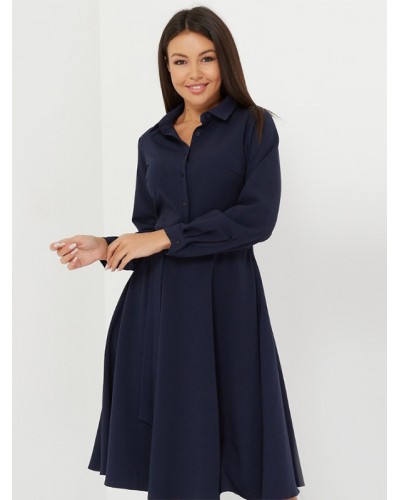 Women Midi Dress Deep Blue Turndown Collar Lace Up Long Sleeves Dresses Shirt Fall