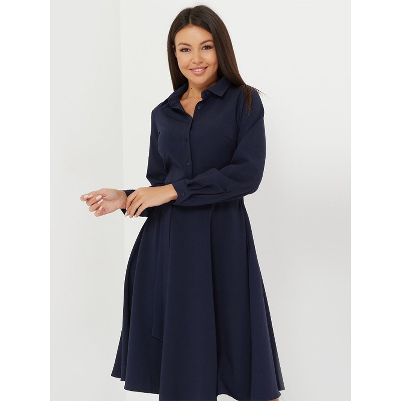 Women Midi Dress Deep Blue Turndown Collar Lace Up Long Sleeves Dresses Shirt Fall