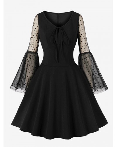 Dress 1950s Audrey Hepburn Style V-Neck Lace Up Long Sleeves Knee Length Black Rockabilly Dress Bodycon Retro Casual Spring Summer Fall