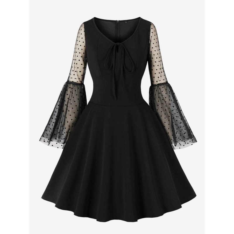 Dress 1950s Audrey Hepburn Style V-Neck Lace Up Long Sleeves Knee Length Black Rockabilly Dress Bodycon Retro Casual Spring Summer Fall