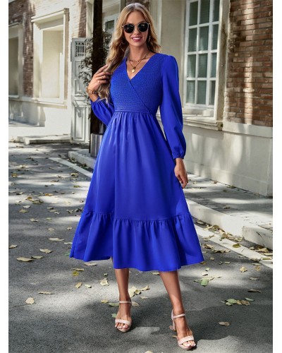 Midi Dress V Neck Lantern Sleeves Pleated Flared Daily Dresses Elegant Casual Street Wear Daily Casual Office  Career