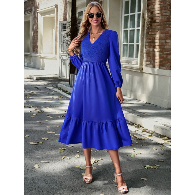 Midi Dress V Neck Lantern Sleeves Pleated Flared Daily Dresses Elegant Casual Street Wear Daily Casual Office  Career