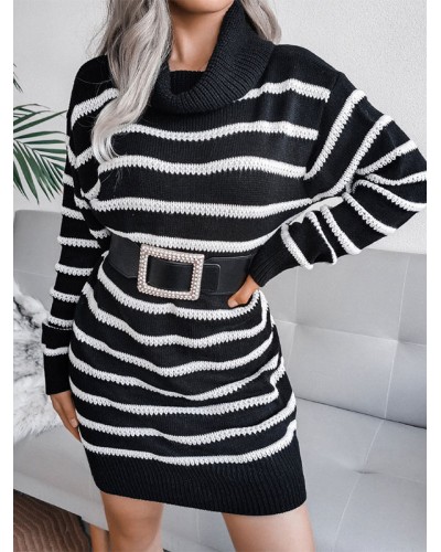 Women 's Knitted Dress Beautiful Stripes Acrylic Long Sleeves High Collar Dresses Lounge Fall Winter