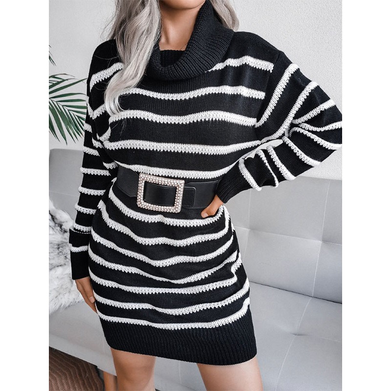 Women 's Knitted Dress Beautiful Stripes Acrylic Long Sleeves High Collar Dresses Lounge Fall Winter