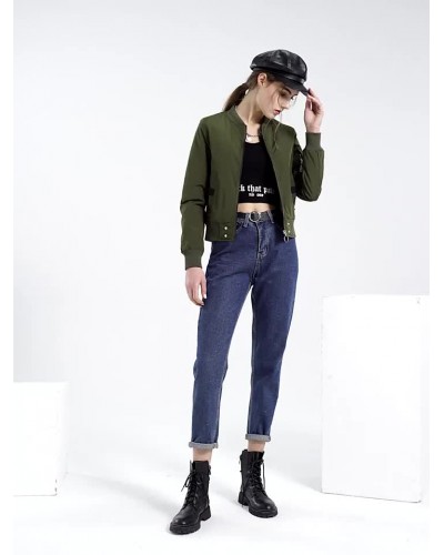 Women Bomber Jacket Baseball Jacket Hunter Green Solid Color Stand Collar Zipper Cotton Filled Street Outerwear Casual Spring Fall Winter Street Wear Field